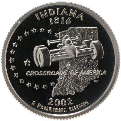 купить США 25 центов (квотер, 1/4 доллара, quarter dollar) 2002 S Proof Индиана (Indiana) знак монетного двора "S" - Сан-Франциско