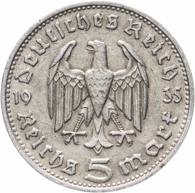 купить Германия (Третий Рейх) 5 рейхсмарок 1935, Двор D (Мюнхен), Орел без свастики (Гинденбург)