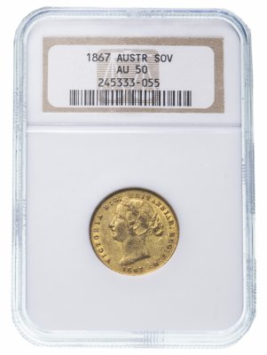 купить Австралия соверен (sovereign) 1867, в слабе NGC AU50, с портретом королевы Виктории