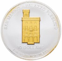 Купить Науру 10 долларов (dollars) 2005 "Палаццо Публико, Сан-Марино" монета-трансформер с позолотой