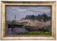 купить Картина "Пейзаж с лодкой", картон, масло, багет, художник Василий Осипович Фомичёв (1924-1992 гг.), 1972 г.