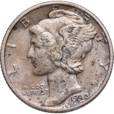 купить США 10 центов (дайм, one dime) 1942 Mercury Dime (дайм «Меркурий») без обозначения монетного двора