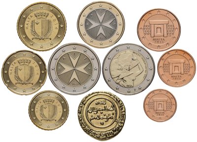 купить Мальта, официальный набор из 9-ти монет евро 2014 BU + реплика 1/4 динара фатимидов, в футляре с сертификатом