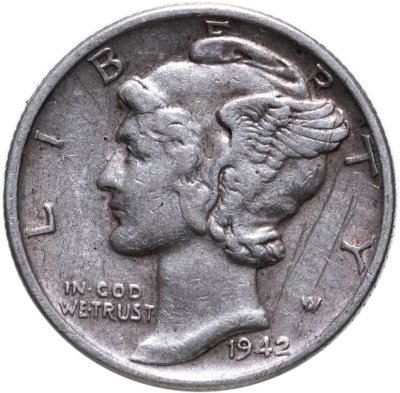 купить США 10 центов (дайм, one dime) 1942 Mercury Dime (дайм «Меркурий») без обозначения монетного двора