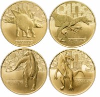 Купить Тувалу 1 доллар 2002 набор из 4-х монет "Динозавры", в футляре
