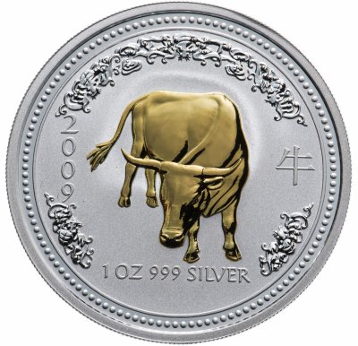 купить Австралия 1 доллар (dollar) 2007 Proof "Восточный лунный календарь - Год Быка" 2009 на реверсе, с позолотой