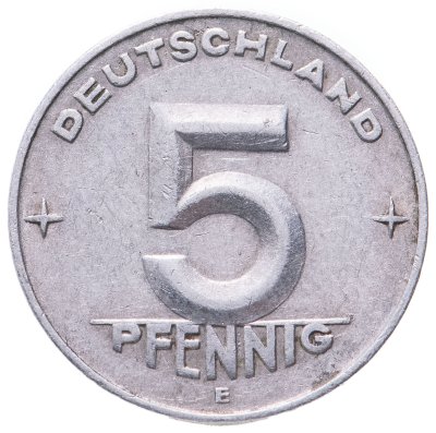 купить Германия (ГДР) 5 пфеннигов 1953 E, знак монетного двора: "E" - Мульденхюттен