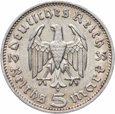 купить Германия (Третий Рейх) 5 рейхсмарок 1935, Двор F (Штутгарт), Орел без свастики (Гинденбург)