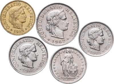 купить Швейцария набор из 5 монет 5, 10, 20 раппенов (rappen), 1/2 франка 1962-1983