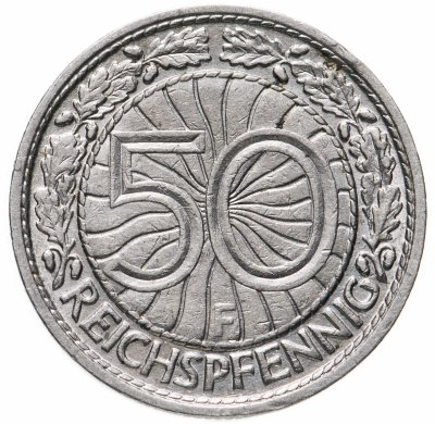 купить Германия 50 рейхспфеннигов (reichspfennig) 1928 F знак монетного двора "F" — Штутгарт