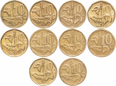 купить ЮАР набор из 10 монет 10 центов (cent) 1991-2000