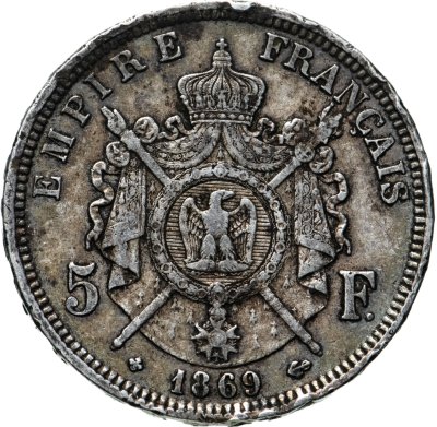 купить Франция 5 франков (francs) "ВВ" 1869