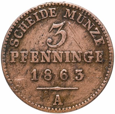 купить Пруссия 3 пфеннига (pfenninge) 1863 A, отметка монетного двора: "A" - Берлин