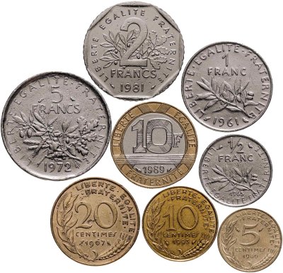 купить Франция набор монет 1961-1990 (8 штук) новый франк