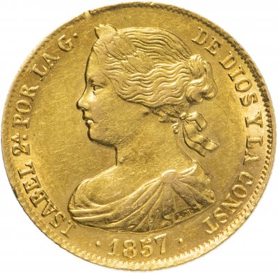 купить Испания 100 реалов (reales) 1857 Знак монетного двора "7-и конечная звезда" - Севилья, с портретом королевы Изабель II