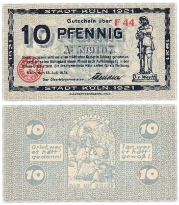 купить Германия (Рейнская провинция: Кёльн) 10 пфеннигов 1921 (К30.15а/B5)