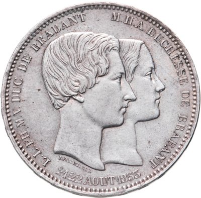 купить Бельгия 5 франков 1853 "Свадьба принца Леопольда и эрцгерцогини Марии Генриетты"