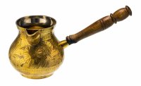 Купить Турка для варки кофе с цветочным декором и деревянной ручкой, латунь, гравировка, Индия, 1970-1990 гг.