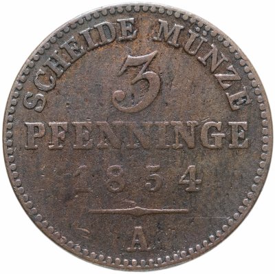 купить Пруссия 3 пфеннига (pfenninge) 1854 A, отметка монетного двора: "A" - Берлин