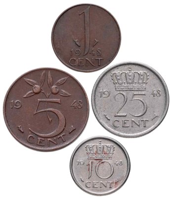 купить Нидерланды, набор из 4 монет 1948 года, Королева Вильгельмина