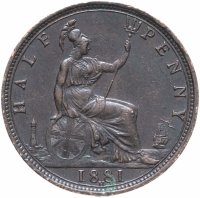 Купить Великобритания 1/2 пенни (penny) 1881 Знак монетного двора: "H" - Хитон, Бирмингем