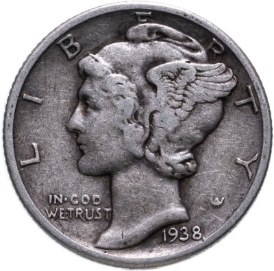 купить США 10 центов (дайм, one dime) 1938 Mercury Dime Без отметки монетного двора