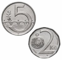 Купить Чехия набор из 2 монет 2 и 5 крон 1993-2019, случайная дата
