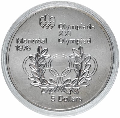 купить Канада 5 долларов (dollars) 1974 "XXI летние Олимпийские Игры, Монреаль 1976 - Олимпийские кольца и венок"