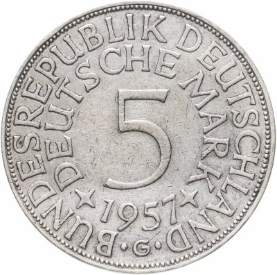 купить Германия 5 марок 1957 G знак монетного двора: "G" - Карлсруэ