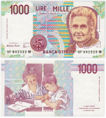 купить Италия 1000 Лир 1990 "Мария Монтессори. Школа Монтессори"(Pick 114с)