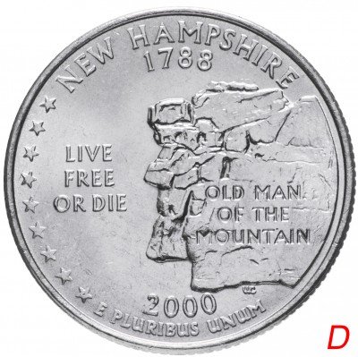 купить США 1/4 доллара (квотер, 25 центов) 2000 D "Штат Нью Гэмпшир", знак монетного двора "D" - Денвер