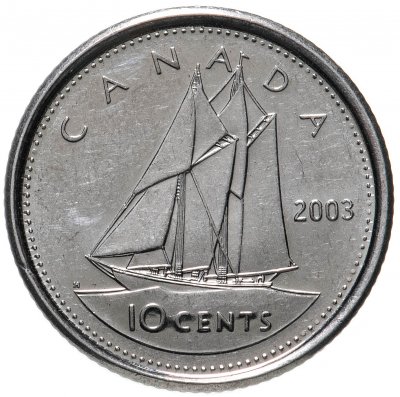 купить Канада 10 центов (cents) 2003 P, королева средних лет, отметка монетного двора "P" - Оттава