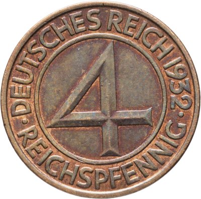 купить Германия 4 рейхспфеннига (reichspfennig) 1932, знак монетного двора "A" — Берлин