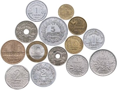 купить Франция набор из 14 монет 10, 25 сантимов, 1, 2, 5, 10 франков 1921-1990