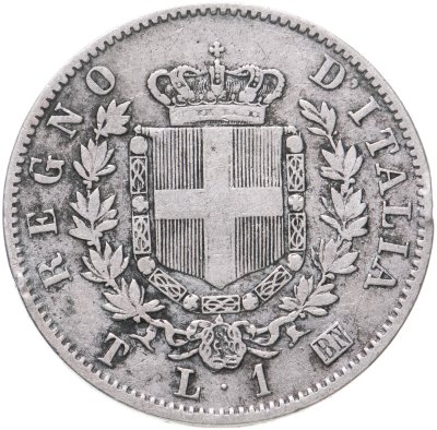 купить Италия 1 лира 1863 Щит на реверсе "T"