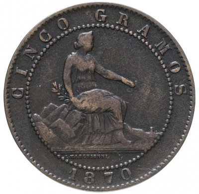 купить Испания 5 сентимо 1870