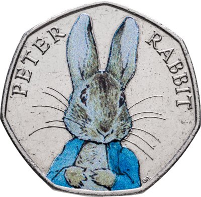купить Великобритания 50 пенсов (pence) 2016 "150 лет со дня рождения Беатрис Поттер, Кролик Питер" с цветным покрытием