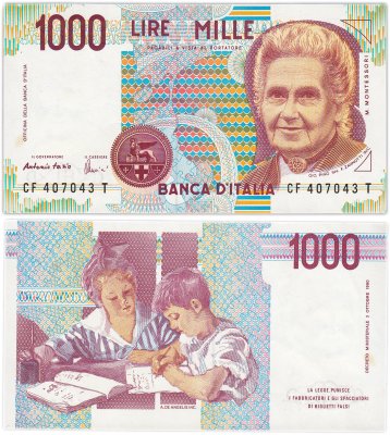 купить Италия 1000 Лир 1990 "Мария Монтессори. Школа Монтессори"(Pick 114с)