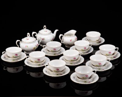 купить Сервиз чайный с цветочным декором на 10 персон (33 предмета), фарфор, деколь, золочение, Kahla, ГДР, 1960-1990 гг.