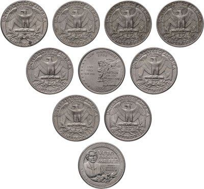 купить США набор из 10 монет 25 центов (квотер, 1/4 доллара, quarter dollar) 1965-2022