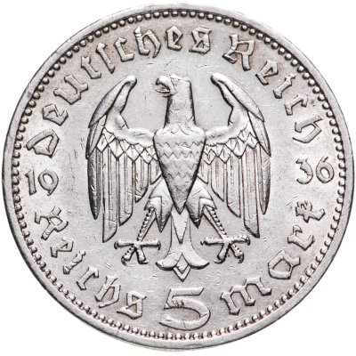 купить Германия (Третий Рейх) 5 рейхсмарок (reichsmark) 1936, орёл без свастики