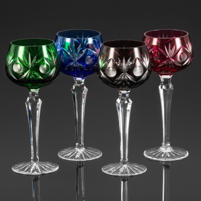 купить Набор разноцветных бокалов для вина с резным декором на 4 персоны, хрусталь, алмазная грань, Германия, 1970-1990 гг.