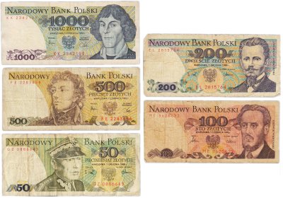 купить Польша набор из 5 банкнот 50, 100, 200, 500, 1000 злотых 1982-1988