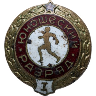 купить Нагрудный знак спортивной квалификации 1-й юношеский разряд, томпак, эмаль, винт. СССР, З-д худ. фонда СССР, 1950-е гг.