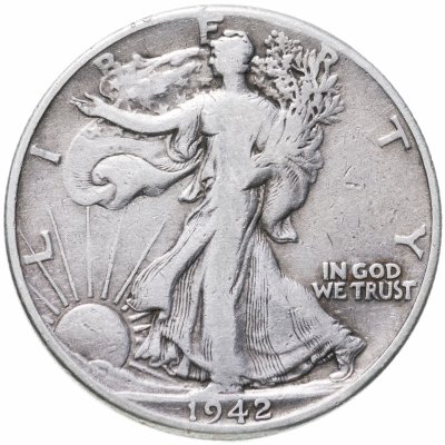 купить США 50 центов (1/2 доллара, half dollar) 1942 Walking Liberty Half Dollar Без отметки монетного двора