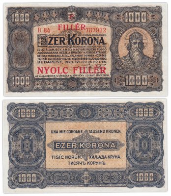 купить Венгрия 8 филлеров 1925 / 1000 крон 1923 Pick 81