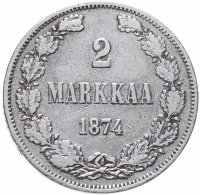 купить 2 марки (markkaa) 1874 S, монета для Финляндии