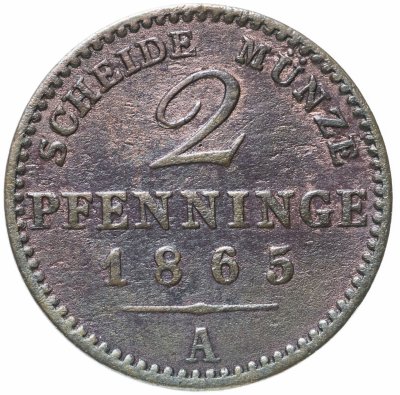 купить Пруссия 2 пфеннига (pfenninge) 1865 A, отметка монетного двора: "A" - Берлин