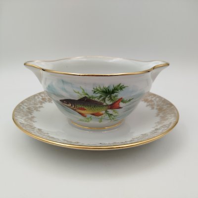 купить Соусник, украшенный изображением различных рыб, LF, фарфор, деколь, золочение, Limoges, Франция, 1950-1980 гг.