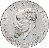 Купить Мексика 5 песо (pesos) 1959 "100 лет со дня рождения Венустиано Карранса"